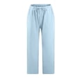 thumbnail image 3 of Women Casual Solid Cotton Linen Drawstring Elastic Waist Wide Leg Pants Cropped Trousers, 3 of 6