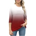 thumbnail image 4 of Olyvenn T-Shirts pour Femmes à Manches 3/4 Été 2025, Imprimé Dégradé, Col Rond, Décontracté, Basique, Coupe Tunique, Blouse, Rouge, P, 4 of 6