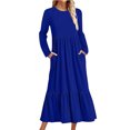 thumbnail image 1 of Penkiiy Robe Décontractée pour Femme à Manches Longues, Col Ras du Cou, Coupe Évasée, Robe Longue Fluide à Étages pour la Plage avec Poches 2TG Bleu Foncé, 1 of 5