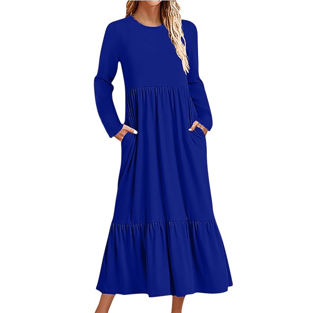 Penkiiy Robe Décontractée pour Femme à Manches Longues, Col Ras du Cou, Coupe Évasée, Robe Longue Fluide à Étages pour la Plage avec Poches 2TG Bleu Foncé
