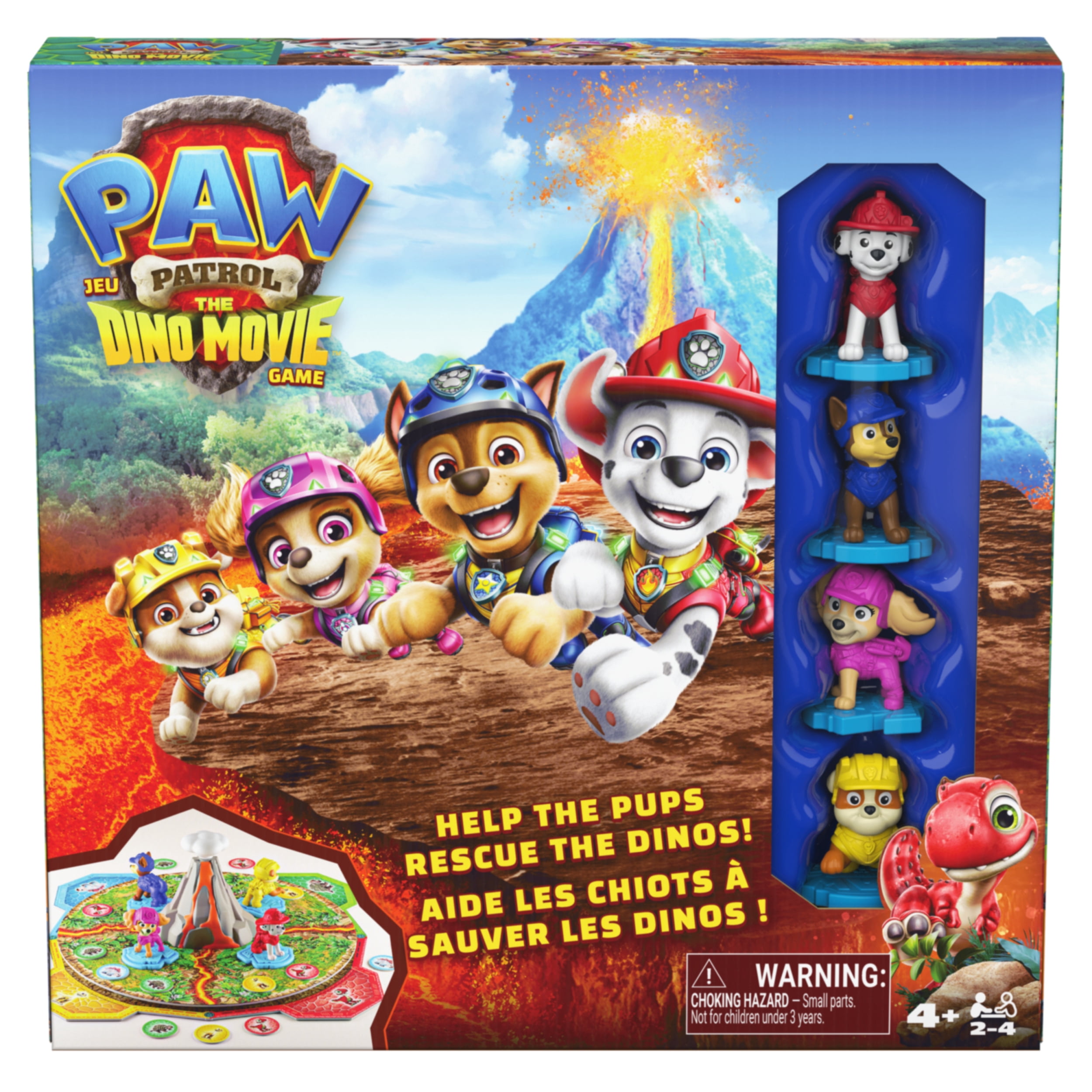 Spin Master Games, Jeu PAW Patrol: The Dino Movie avec volcan rotatif, jeux de société pour enfants d'âge préscolaire, sauvetage de dinosaures, avec Chase, Marcus, Stella et Ruben, 2 à 4 joueurs, à pa