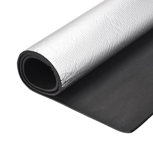 Unique Bargains 1mx0.5mx5mm Waterproof Insulation Sheet Rubber Foam featuring a roll of black rubber foam with an embossed aluminum foil layer. Designed for insulation, it offers resistance to heat, freezing, rust, and moisture. Suitable for roofs, walls, HVAC ducts, and pipes, with a working temperature range of -30℃ to 100℃ (-22℉ to 212℉).