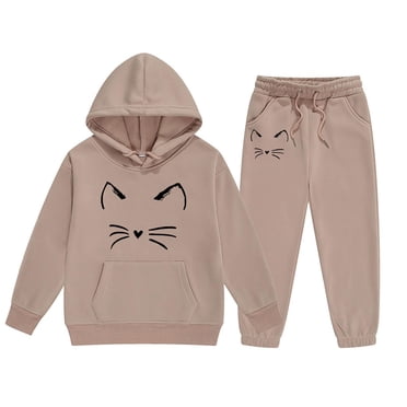 YOUSNH Girls Outfit Sets Child Toddler Boys Girls Long Sleeve Cartoon Prints Warm Hoodie Pullover Tops Pants Kids Outfits Sweat Suit Clothes Set Khaki 10-11 Years
