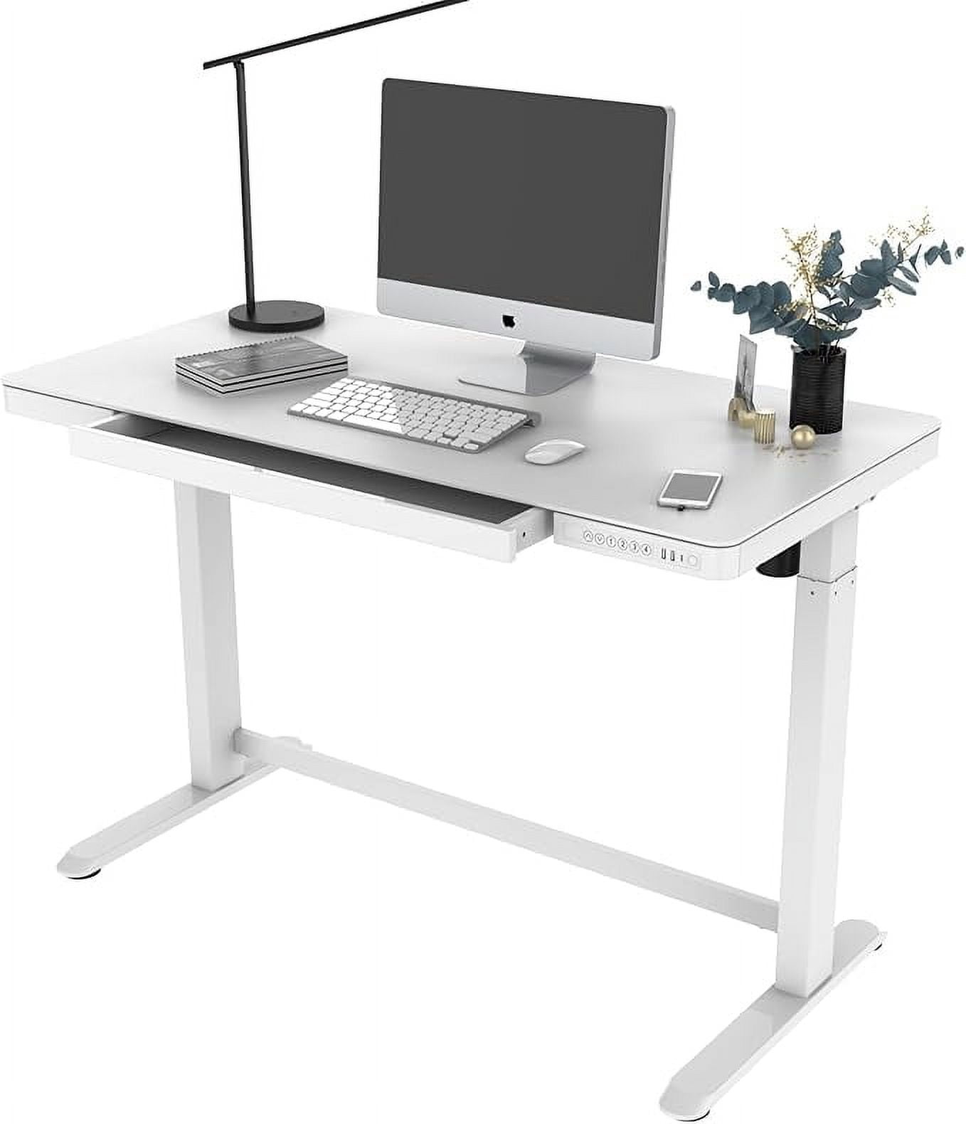 47" x 24" Electric Standing Desk with Glass Tabletop and Drawer, Ergonomic Height Adjustable Sit Stand Up Computer Desk with USB Charge Ports, Memory Pre-Settings & Anti-Collision