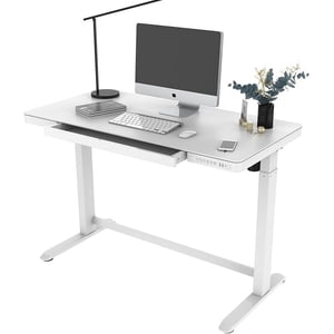 47" x 24" Bureau électrique avec plateau en verre et tiroir, siège réglable en hauteur Ergonomic Stand Up ordinateur Bureau avec USB Ports de chargement, pré-réglages de mémoire & Anticollision