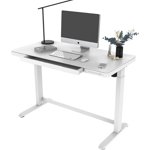 47" x 24" Electric Standing Desk with Glass Tabletop and Drawer, Ergonomic Height Adjustable Sit Stand Up Computer Desk with USB Charge Ports, Memory Pre-Settings & Anti-Collision