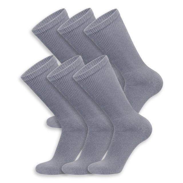 6 Pairs of Big and Tall Cotton Diabetic Non-Binding Neuropathy Crew Socks (Gray, Sock Size 13-16)