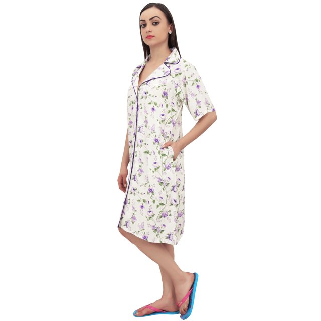 Bimba Chemise de Nuit à Manches Courtes pour Femmes, Imprimé Floral Violet, avec Poches - 4