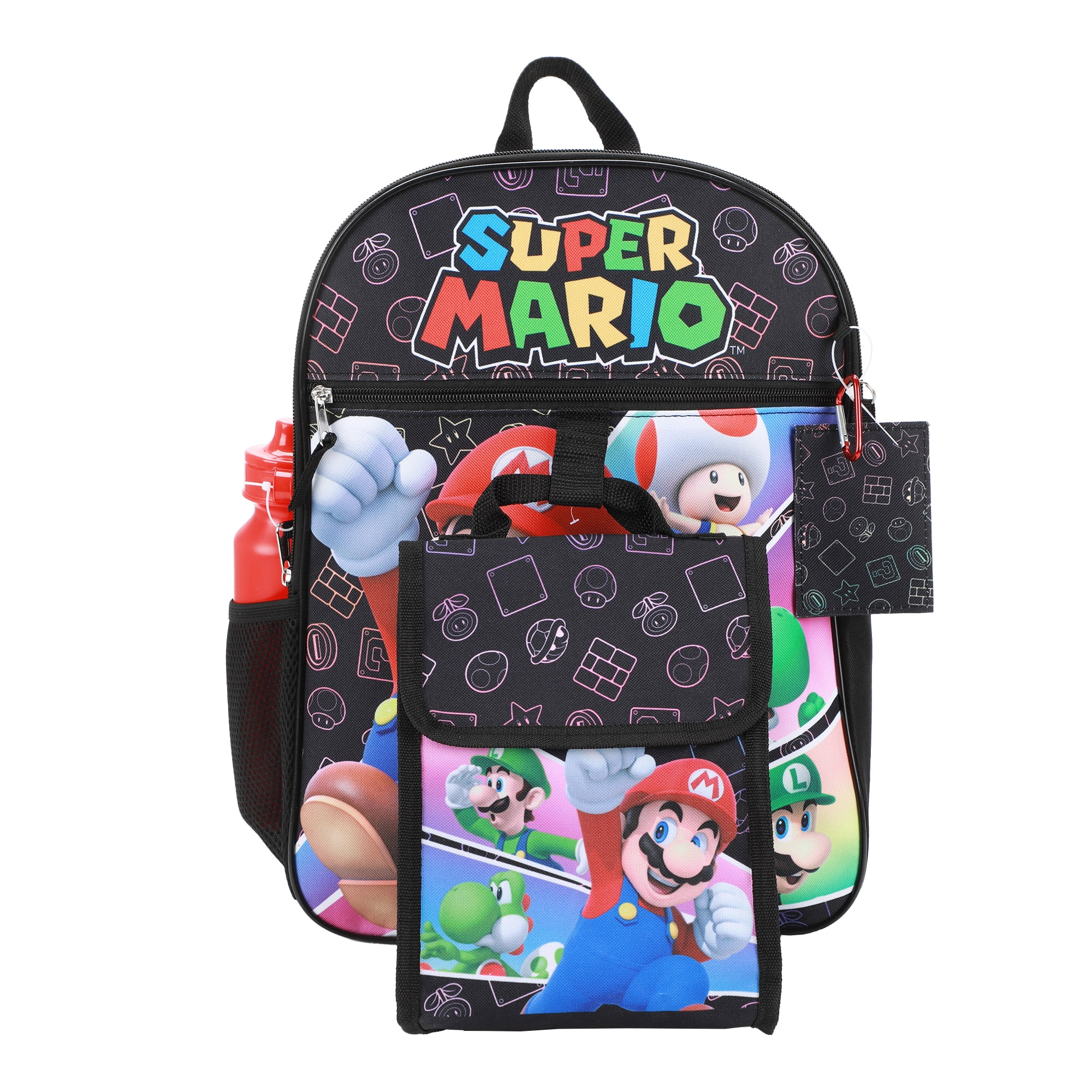 Super Mario Bros. Action Shot Kids 16" Backpack and Lunch Bag 5 Piece Set