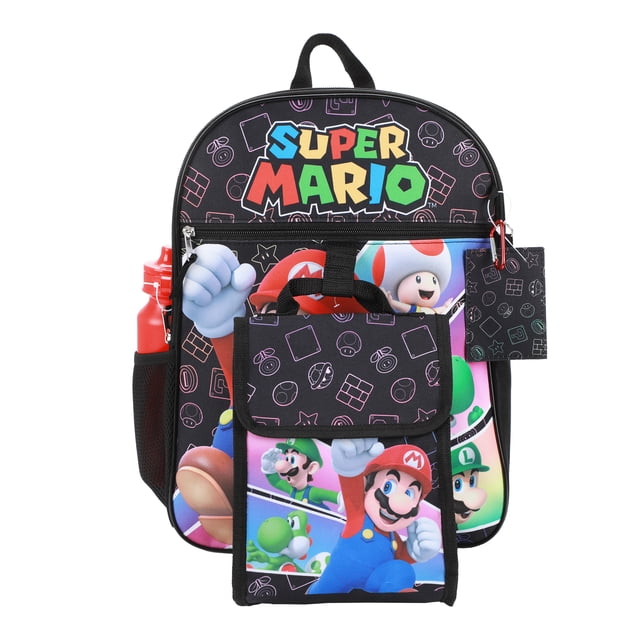 Super Mario Bros. Action Shot Kids 16" Backpack and Lunch Bag 5 Piece Set