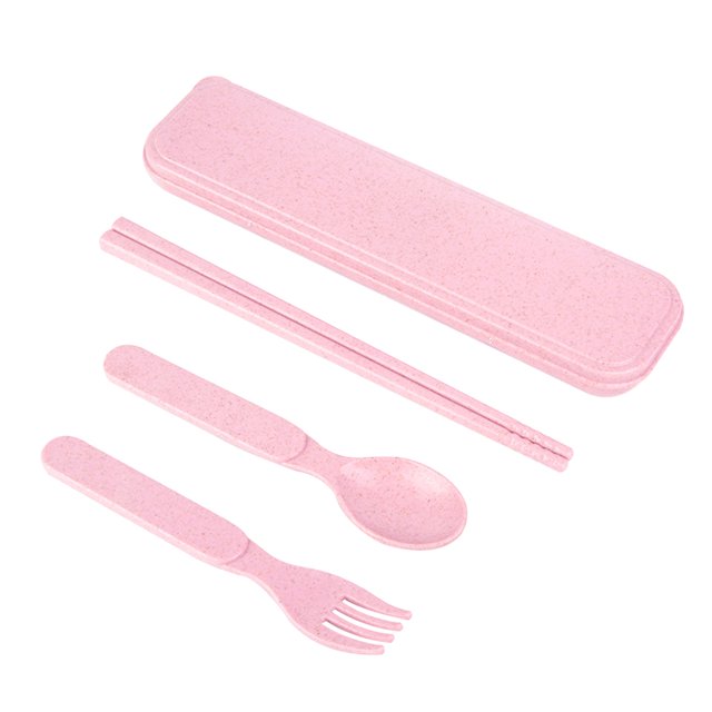 1 Set Wheat Straw Spoon Chopsticks Fork Utensil Set Travel Camping Tableware Dishware Set Portable Kitchen Set for Kids (Pink)