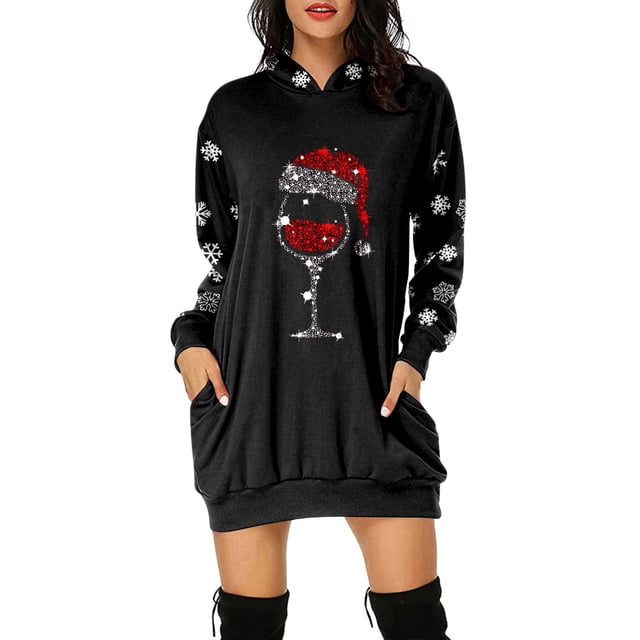 Kcodviy Femmes Vintage Joyeux Noël Femmes Tunique à Fermeture Éclair Chandail en Molleton Robe Imprimée Manches Longues Long Chandail en Molleton à Fermeture Éclair Chandail à Capuchon Femmes Chandails à Capuchon Manches Longues Midi Behemoth Chandail à Capuchon à Fermeture à Glissière Robes avec Poches