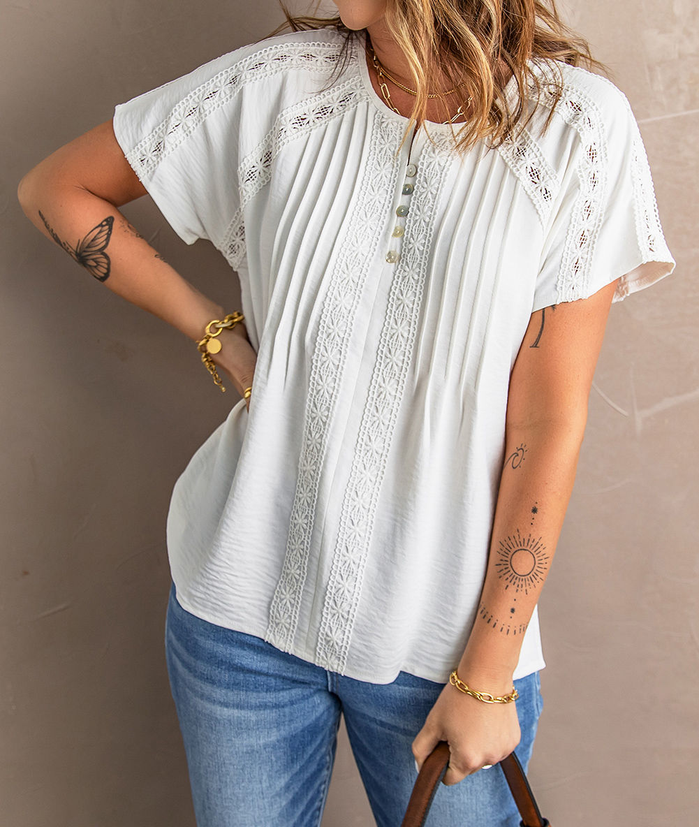 Women's White Crochet Eyelet Short Sleeves Top