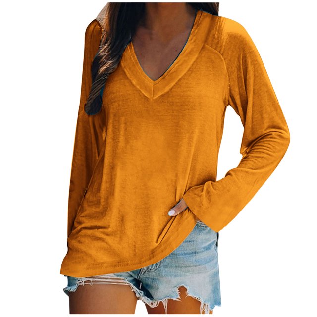 KIHOUT Hauts pour Femmes Printemps Hiver Mode Décontractée Manches Longues Col en V Couleur Unie Hauts Blouse pour Dames