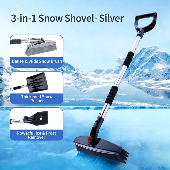 Pelle de Déneigement pour Voiture Trois-en-un en Acier Inoxydable, Pelle à Glace Détachable et Rétractable, Brosse de Déneigement pour Voiture, Pelle à Neige pour Voiture