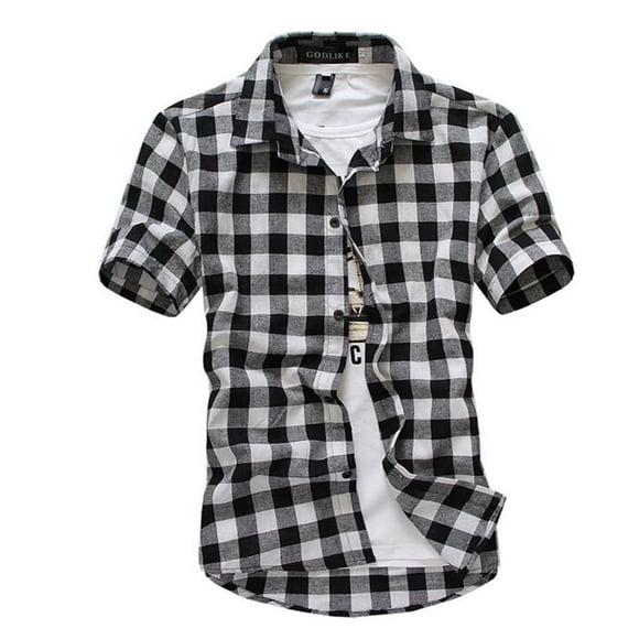 Men‘s High Collar Short Sleeve Button Down Shirt Plaid Poplin Shirt Work Shirt for Men