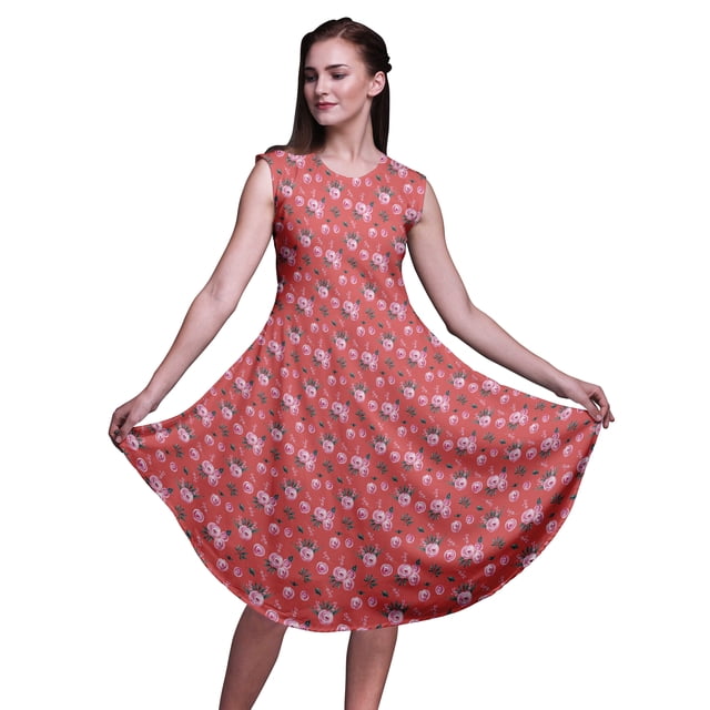 Bimba Orange Leaves & Ranunculus Floral Printed Knee Length Ladies Sleeveless Holiday Wear Tank Dress-X-Small