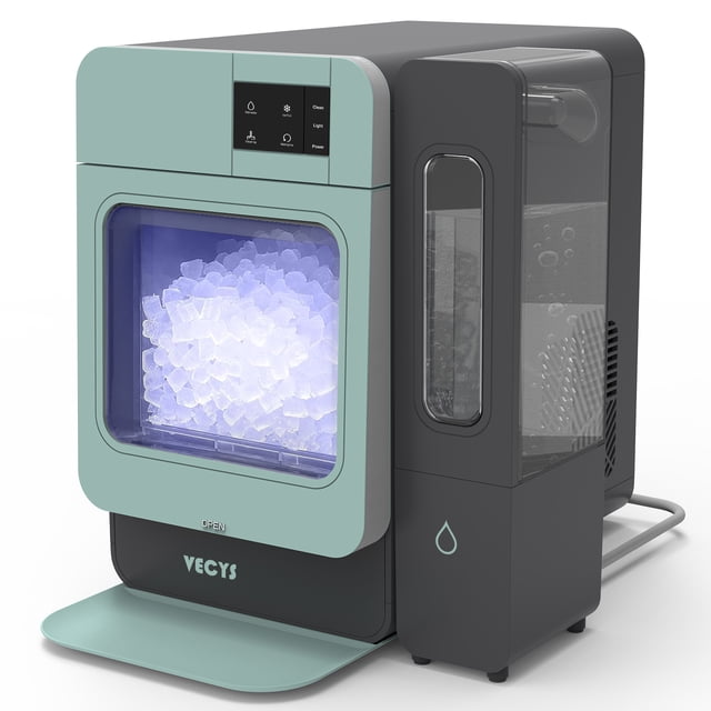 VECYS Nugget Ice Maker with Side Water Tank in sage color, featuring a compact countertop design with stainless steel trim. Produces up to 44LBS of chewable nugget ice per day, with the first batch ready in 10 minutes. Includes a 1.5L internal water reservoir and a 3.8L side water tank for continuous ice production. The front-facing view shows the illuminated ice storage bin and control panel with self-cleaning and power options. Ideal for homes, offices, and RVs.