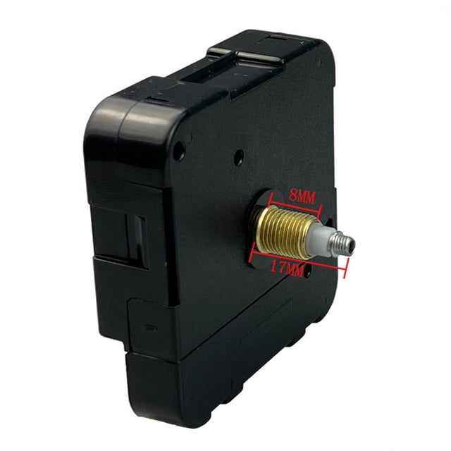 MYG High Torque Long Shaft Quartz Clock Movement Mechanism Replacement for large clocks, featuring a 17mm shaft length and designed for DIY handicrafts or clock repair. The black rectangular movement measures 56x56x16mm and includes a gold-threaded shaft for secure installation. Suitable for clock panels with a thickness of 4-6mm. Ideal for accurate and reliable timekeeping in wall clocks or other large clock models.