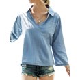 thumbnail image 4 of Women Pocket Long Sleeve Stand Collar V Neck Solid Color Shirt, 4 of 7