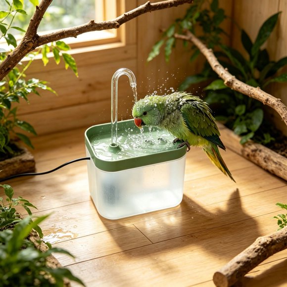 Automatic Circulating Water Bird Bath Tub, Plastic Green/White Bath Box for Parrots and Birds, Transparent Window, Filter Screen, Shallow Safe Design