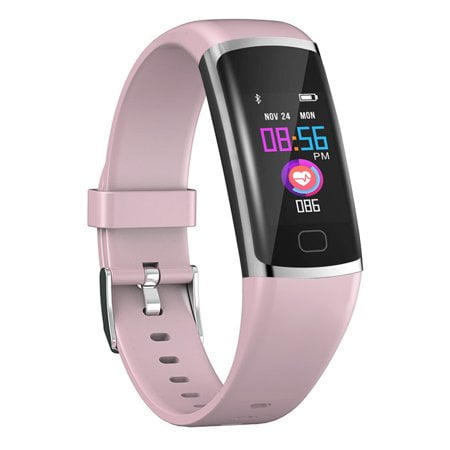 APPIE Fitness Tracker Watch in pink with a 0.96-inch LCD touch screen. Features include heart rate monitoring, step counting, sleep tracking, and 13 sports modes. Waterproof with an IP68 rating, it offers Bluetooth 5.1 connectivity and a built-in USB plug for easy charging. Compatible with iOS and Android systems.