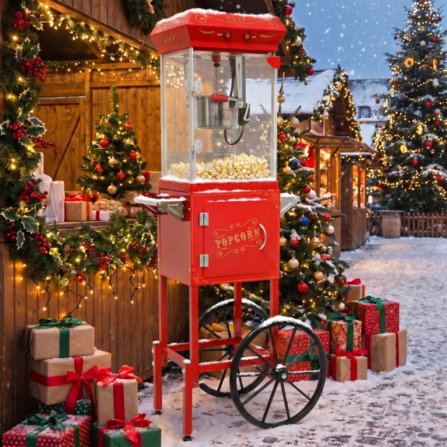 Machine à Maïs Soufflé Rouge de Style Vintage avec Chariot et Roues – Pot en Acier Inoxydable de 6 Oz, Machine Mobile à Maïs Soufflé pour Usage Domestique et Commercial