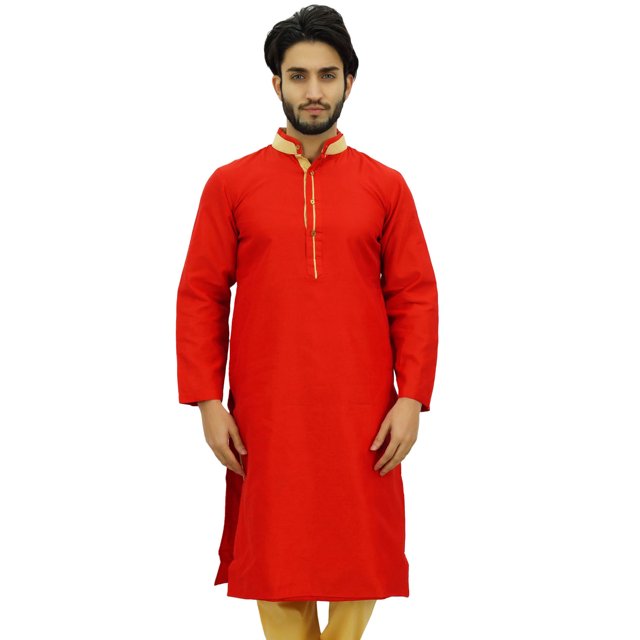 Atasi Chemise Longue Rouge à Col de Bande en Dupion pour Hommes Vêtements Ethniques-TTTG
