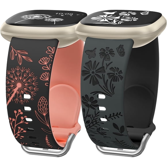 Wearlizer 2 Paquets Compatibles avec Fitbit Versa 4 Bracelets/versa 3 Bracelets/Sense 2 Bracelets/Sense Bracelets pour Femmes, Jolies Bracelets en Silicone Bicolores à Motif Floral Gravé, Jolis Bracelets de Sport à Motif de Fleurs