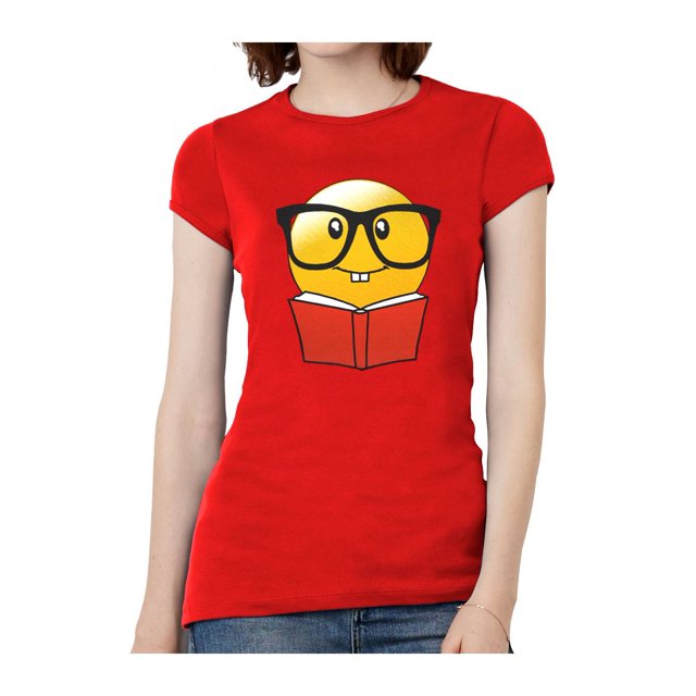 T-Shirt à Manches Courtes pour Femmes avec Livre de Lecture d'Émoticônes - Rouge - Très Grand