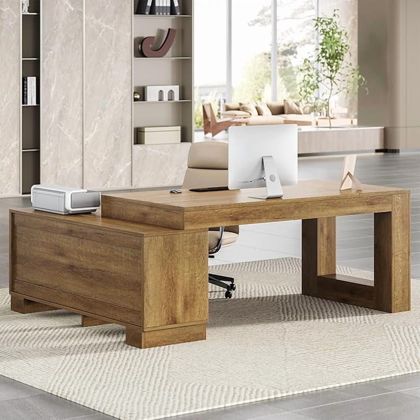 L Shaped Executive Desk, Large 63-inch Modern Corner Computer Desk with File Cabinet and Storage Shelves, Brown