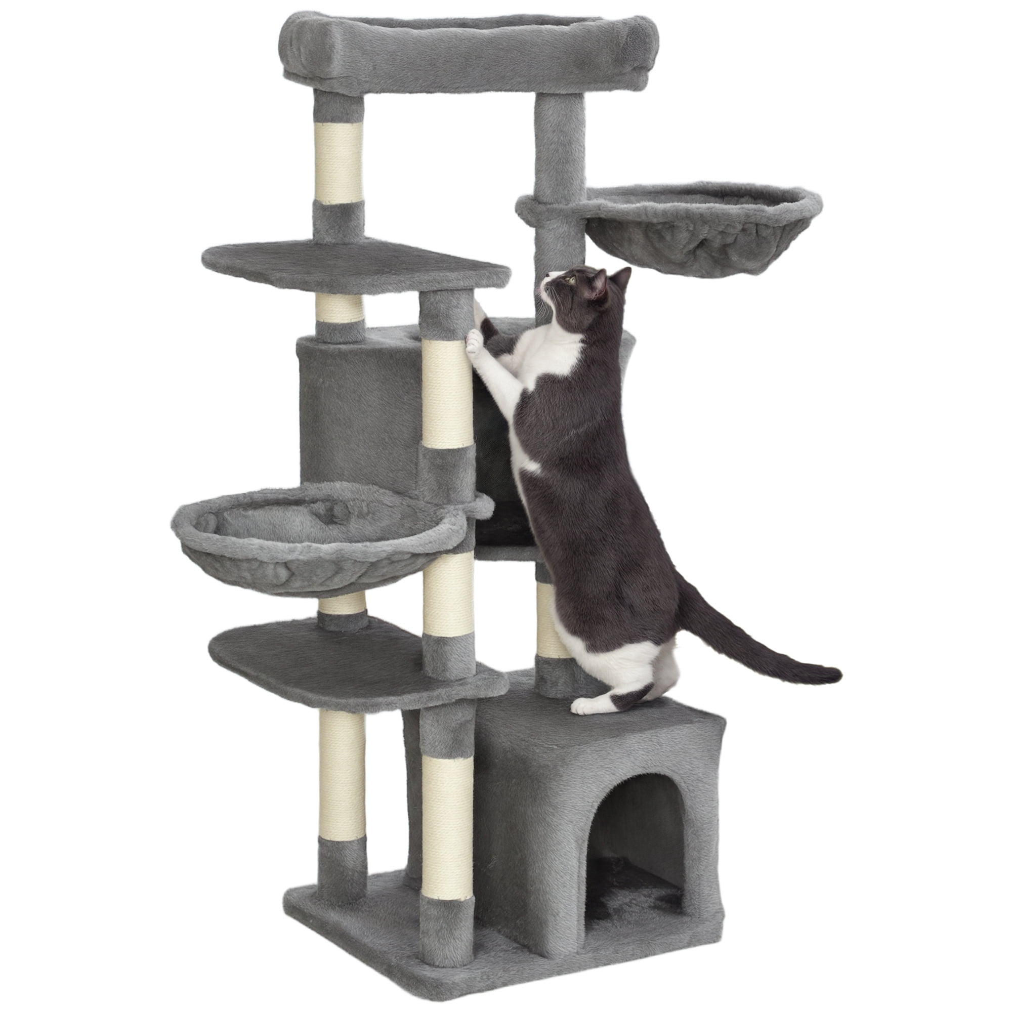 PawHut 52.5" Cat Tree Tower with Bed, Cat Condos, Hammocks, Grey