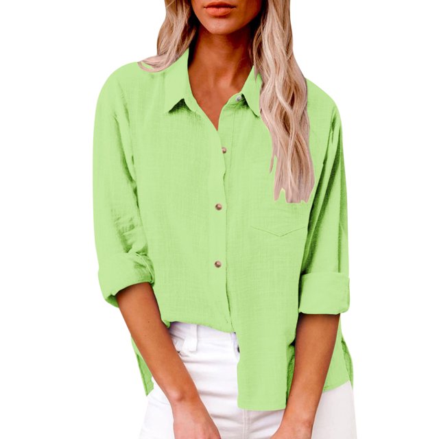 Yuyuzo Plus Size Tops for Women Long Sleeve Lapel Collared Cotton Linen Solid Color Button down Shirts with Pockets