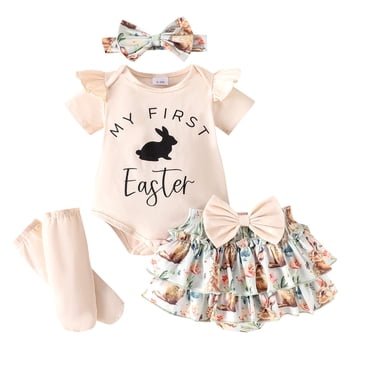 TBWNWG Girls Outfits & Set Summer Suit Easter Bunny Print Short Sleeve Suit with Shorts for and Everyday,Size 0-3 Months