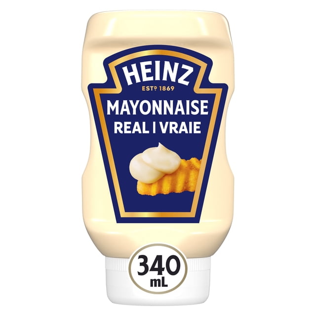 Heinz Mayonnaise Véritable Bouteille de 340 ml avec Étiquette Bleue et Dorée Mettant en Vedette de la Mayonnaise Crémeuse sur une Frite Ondulée, Bouchon Blanc à Rabat, Idéal pour Tremper des Frites, des Rondelles d'Oignon et des Tendres de Poulet dans les Cuisines Canadiennes.
