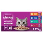 WHISKAS FAVOURITES Aliments pour chats mouillés adultes coupés dans des arômes de poulet gras, des araveurs de saumon, des arômes de thon et des sachets de poisson blanc