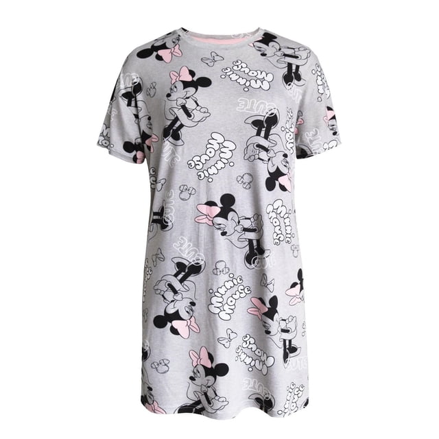 Minnie Mouse Chemise de Nuit en Tricot - Adultes - Dames en Tissu Tricoté Gris Chiné avec des Graphiques Minnie Mouse Colorés en Noir et Rose, Manches Courtes, et une Coupe Ample et Décontractée Idéale pour les Chemises de Nuit et Vêtements de Détente pour Femmes, Convient pour Se Détendre et Dormir par Temps Frais.