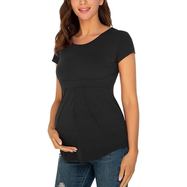 Vêtements de Grossesse Offres de l'Action de Grâce Liquidation Été Vêtements de Maternité pour Femmes Col Rond Manches Courtes Volants Pli Hauts de Grossesse