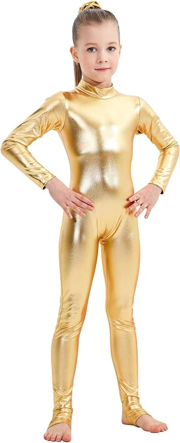 Girls Shiny Metallic Long Sleeve Unitard Spandex One Piece Wet Look Kid Bodysuit