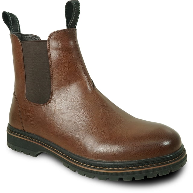 bravo! Men Waterproof Winter Boot MARK-2 Chelsea Boot Fur Lined with Double Gore Brown. A front-facing view of a brown ankle boot with a faux leather upper, tonal stitching, and a plain round toe. Features dual stretch panels, pull tabs at the front and back, and a durable rubber outsole with a slip-resistant lug pattern. Designed for snowshoeing and winter sports in temperatures as low as -24°C (-11°F) with a 600g faux fur lining for warmth and comfort.