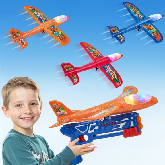 Lictin Ensemble de 3 Jouets Lanceur d'Avion, Planeur en Mousse avec Lumière LED et Autocollants de Dinosaures, Jouet Avion Catapulte pour Garçons, Jouets Volants d'Extérieur Cadeaux pour Enfants de 3 à 12 Ans