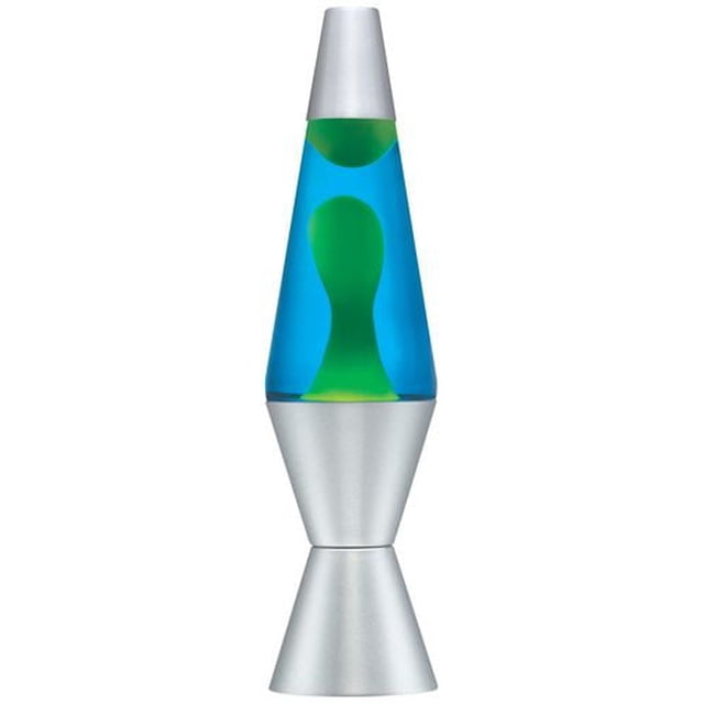 14 1/2" Lava Motion Lamp with yellow wax and blue liquid, classic conical shape with silver metallic base and cap, showing yellow wax formations suspended in blue liquid, suitable for novelty lighting in bedrooms, living rooms, or party spaces.