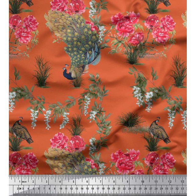 Soimoi Rayon Fabric Leaves,Floral & Peacock Bird Print Fabric by Yard 56 Inch Wide