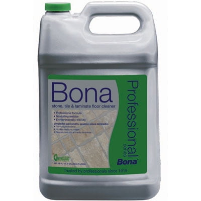 BONA PROFESSIONAL STONE, TILE AND LAMINATE CLEANER 1GAL front-facing one-gallon jug with molded handle and screw cap, translucent amber liquid visible and printed BONA label stating "Professional formula" for sealed stone, ceramic tile and laminate floors; suitable for mop-on cleaning and commercial use.