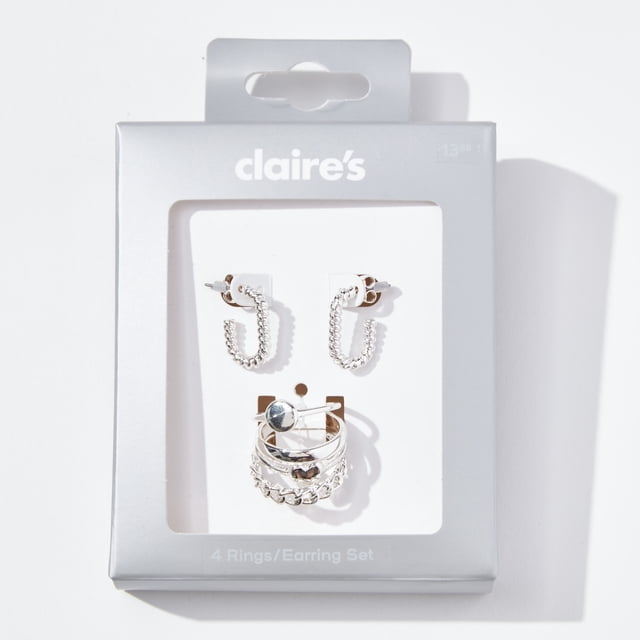 Claire's Jewelry Set Includes 20mm Silver Earrings Rope Style, and 4 Rings Size Large/XL, Gift Box, Female, 91593