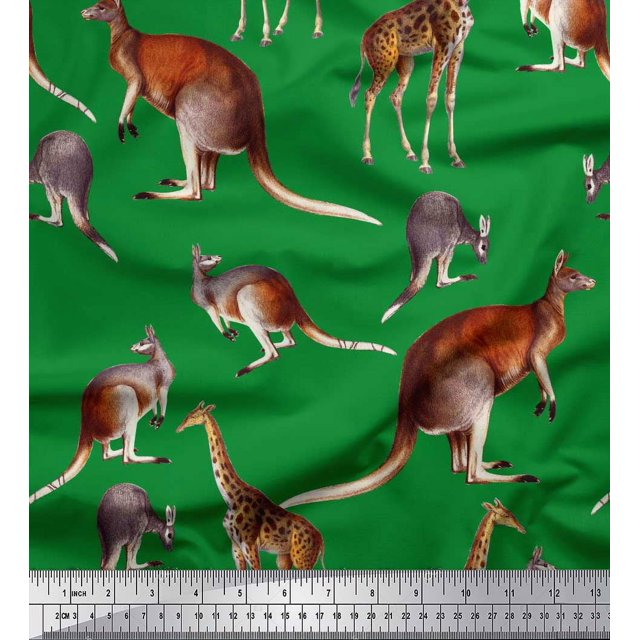 Soimoi Green Satin Silk Fabric Kangaroo & Giraffe Animal Decor Fabric Printed Yard 42 Inch Wide