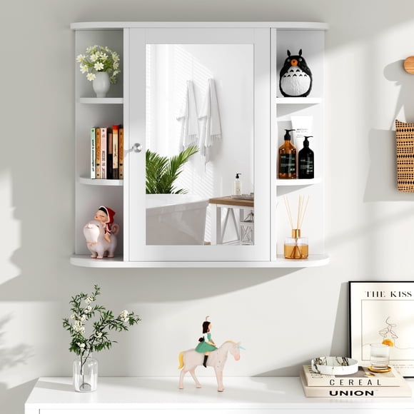 Walsunny Bathroom Medicine Cabinet Wall-Mounted Floor-Standing Storage Cabinet with Mirror Doors,White