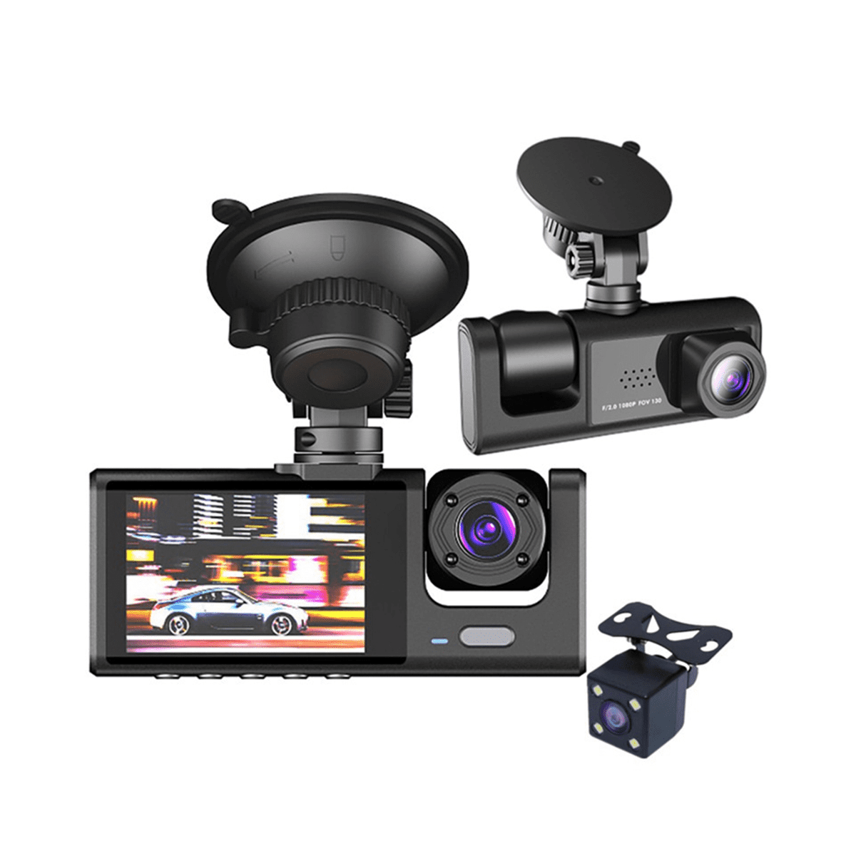 3 Camera Lens Car DVR 3-Channel Dash Cam HD 1080P Front and Rear Inside Dashcam Video Recorder Night Vision