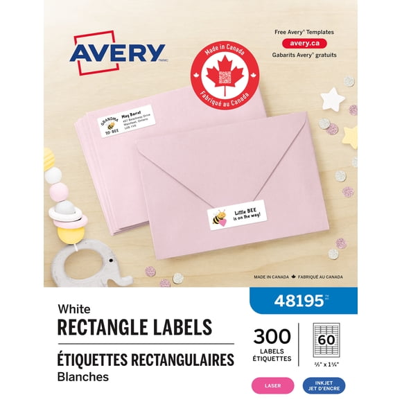 Avery White Rectangle Labels with Sure Feed Technology, Easy Peel, ⅔" x 1 ¾", for Laser and Inkjet Printers - 48195