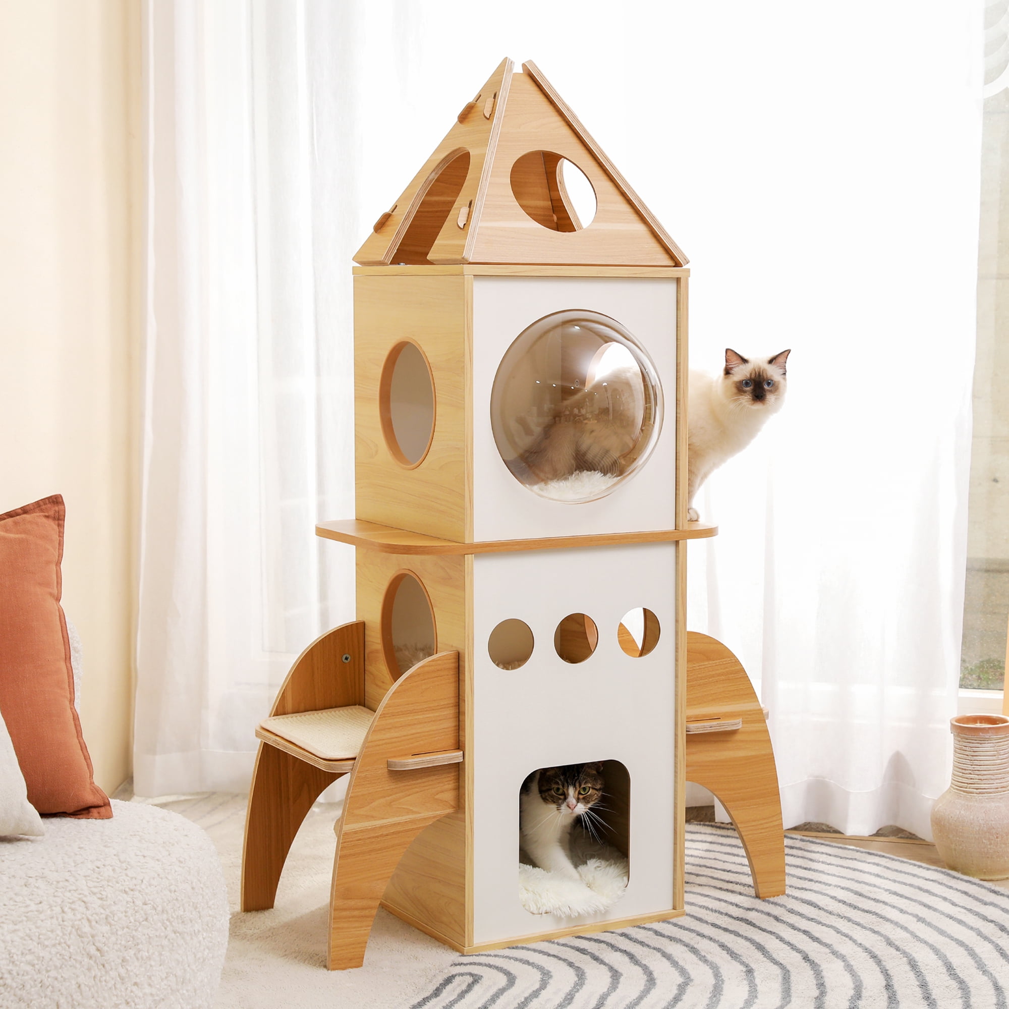 PAWZ Road 54" Modern Rocket Cat Tree Wood Multi-Level Cat Furniture Indoor with 3 Condos Attic Perch
